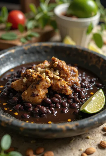 Mole prieto geserveerd met kip, zure room en amandelen