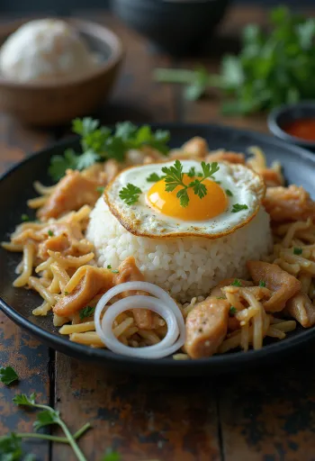 Nasi Campur met ei, geserveerd met gebakken kip en verse groenten