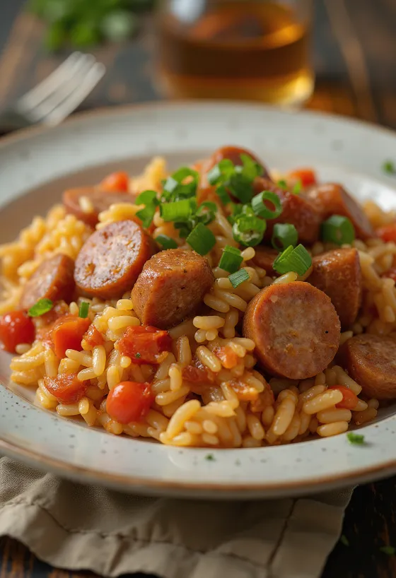 Smoked sausage jambalaya geserveerd in een kom gegarneerd met peterselie