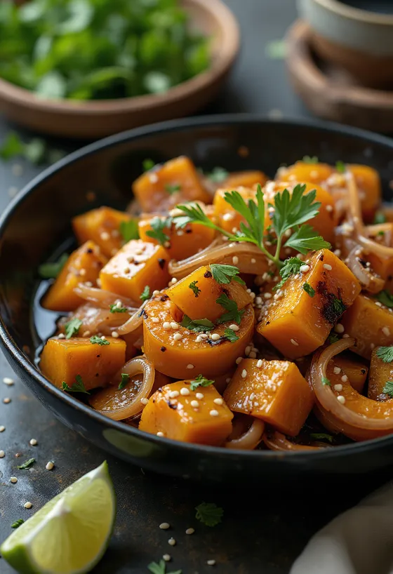 Wok met pompoen, limoen en tofu