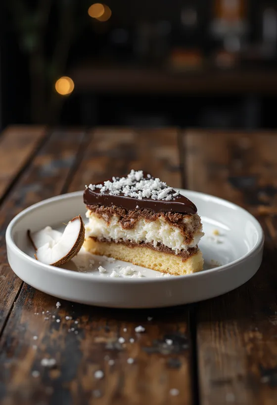 Bountytaart versierd met chocoladeglazuur en kokosrasp