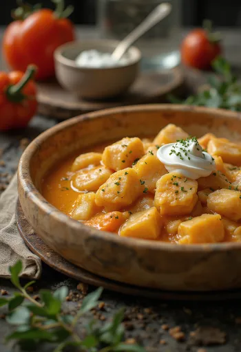 Meerval paprikash geserveerd met kwarkpasta (túrós csusza)