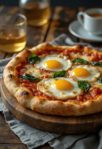 Pizza alla Bismark geserveerd met vers ei en spinazie