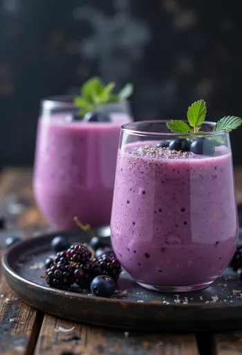 Kefir met zwarte bessen geserveerd in glazen, met verse bessen