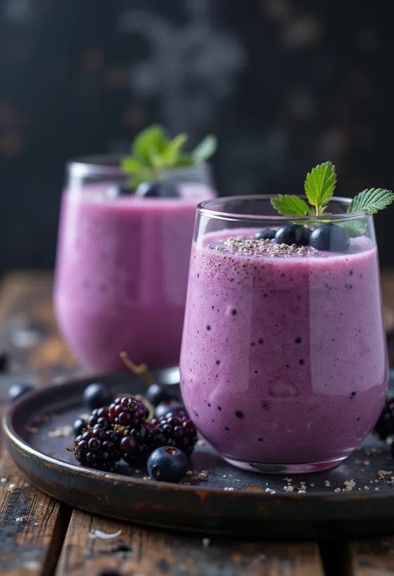 Kefir met zwarte bessen geserveerd in glazen, met verse bessen