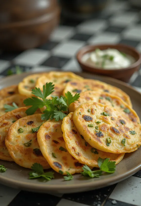 Singhara atta chilla, geserveerd met verse koriander