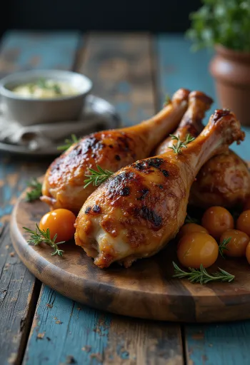 Gerookte kalkoenpoten geserveerd op een rustiek bord