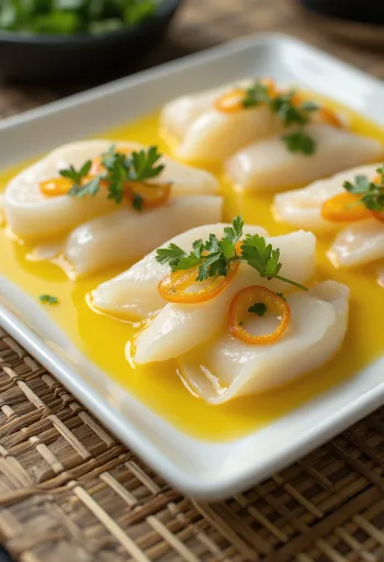 Tiradito met ají amarillo-saus, verse vis, gegarneerd met koriander en limoen