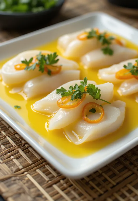 Tiradito met ají amarillo-saus, verse vis, gegarneerd met koriander en limoen