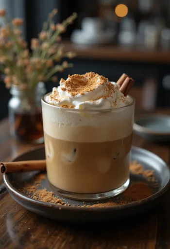 Kaneel-munt frappé koffiedrankje versierd met slagroom, kaneelstokje en muntblaadjes