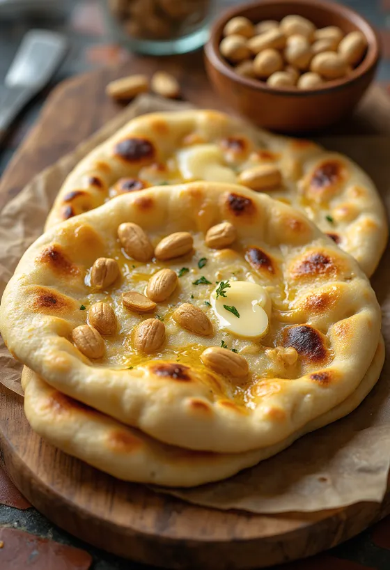 Naan brood met geroosterde pinda's geserveerd