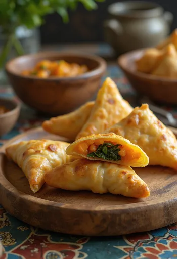 Samosa met spinazie en zoete aardappel, knapperig goudbruin deeg, geserveerd met groene kruiden.