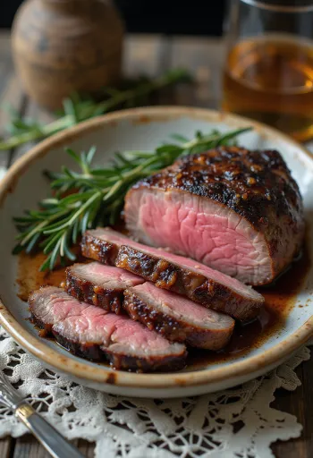 Gerookte Hertenbiefstuk, gerookte hertenbiefstuk met geroosterde groenten en rozemarijn