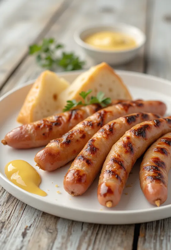 Goudbruin gebakken knakworst met krokant velletje, geserveerd met mosterd en vers brood
