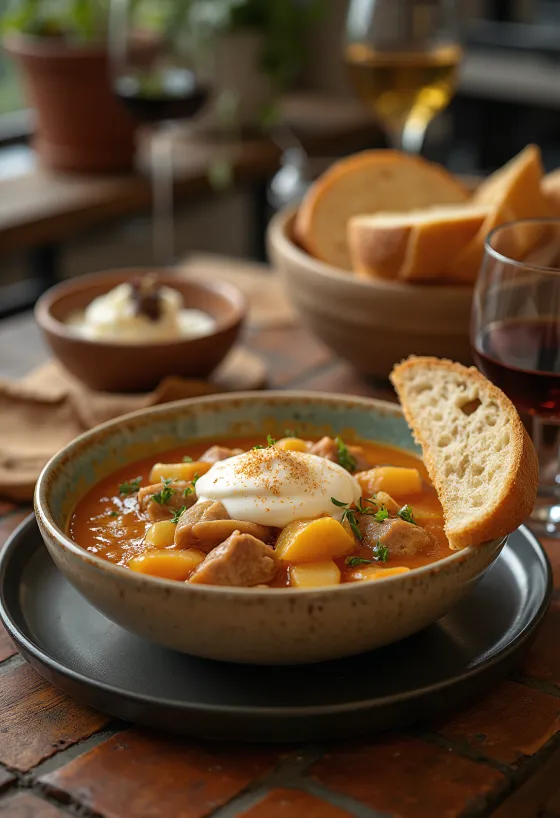 Traditionele Székelygoulash met sappig varkensvlees en zuurkool, geserveerd met zure room.