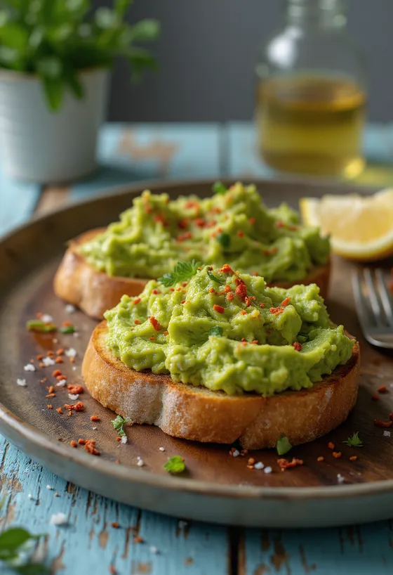 Avocadotoast geserveerd met versgehakte groene kruiden.