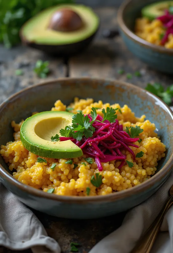 Quinoa-curry Buddha bowl met rode biet