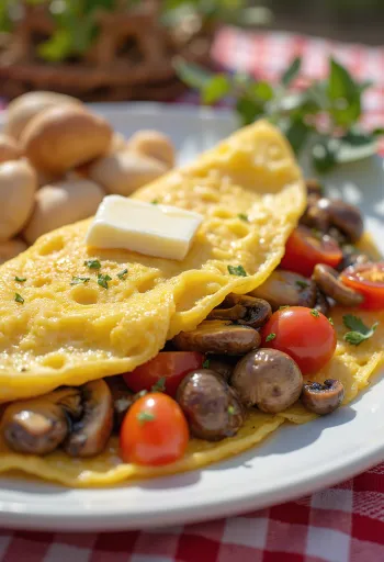 Champignonomelet met tomaat, versierd met verse peterselie