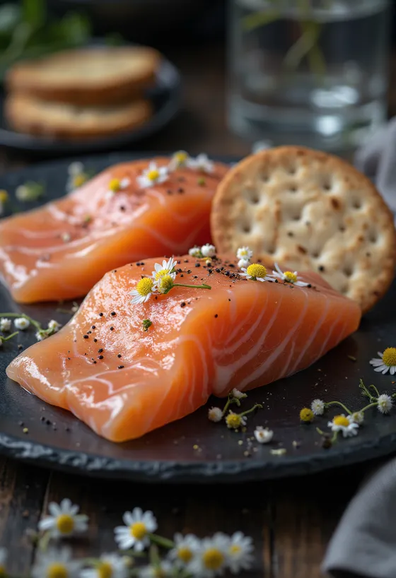Gravlax met kamille, verse zalmfilet, geserveerd op een elegant bord