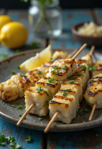 Gegrild alligatorvlees geserveerd met citroen en gegrilde groenten