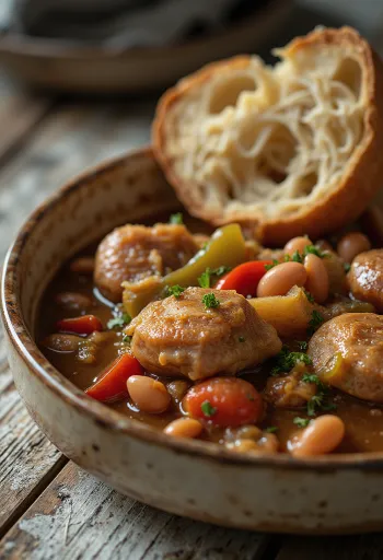 Gumbo met paprika, rijk kipgerecht geserveerd met paprika en worst