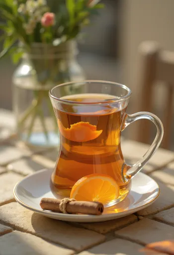 Honing-kruidenthee in een mok met kaneelstokje en citroen