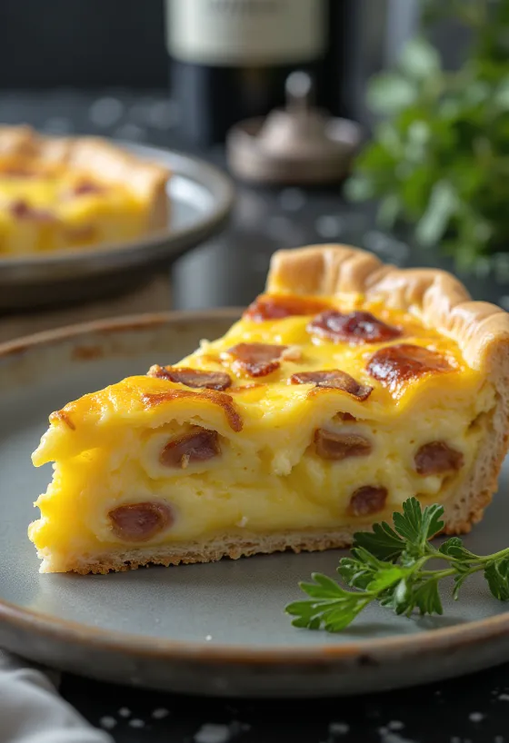 Klassieke Quiche Lorraine, in krokant zanddeeg met romige vulling, spekjes en kaas