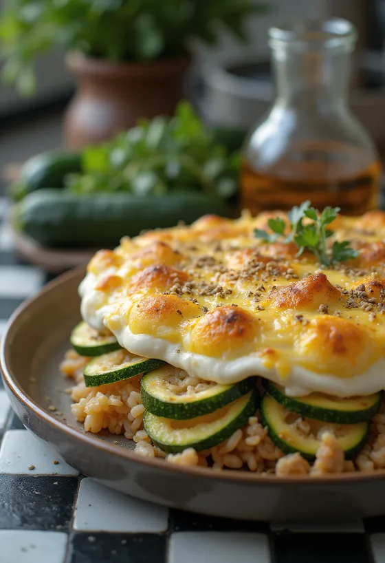 Gelaagde courgette ovenschotel met gehakt, rijst en een gouden laagje zure room