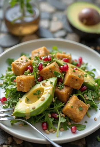 Gebakken tofu met avocado en granaatappel