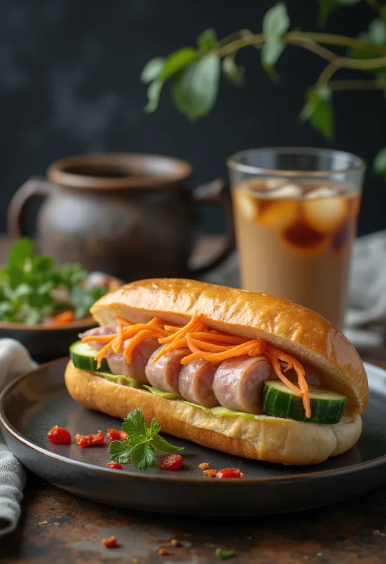 Bánh Mì Chả Lụa broodje met Vietnamese worst, geserveerd met verse groenten en koriander.
