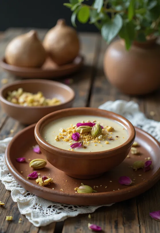 Vegan Basundi, met kokosmelk, versierd met amandelen en pistachenoten
