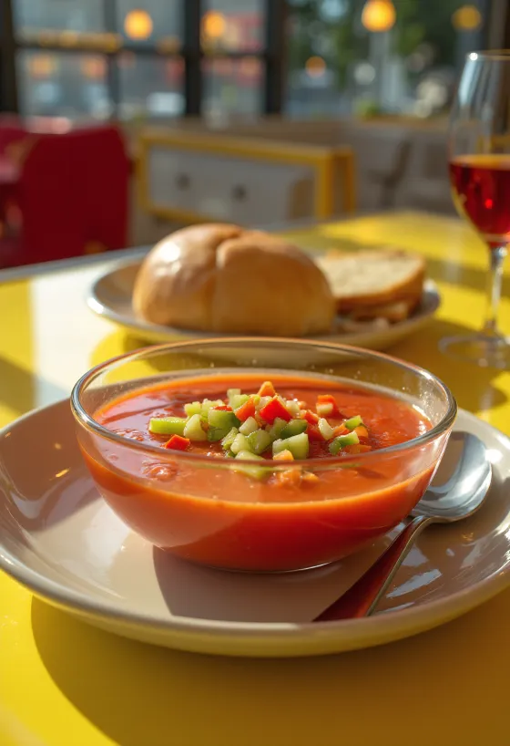 Verse gazpacho ijskoud geserveerd, versierd met fijngehakte groenten