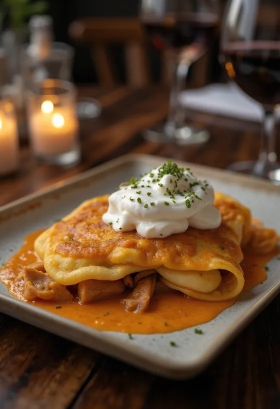 Hortobágyi vleespannenkoek geserveerd met zure room en verse peterselie.