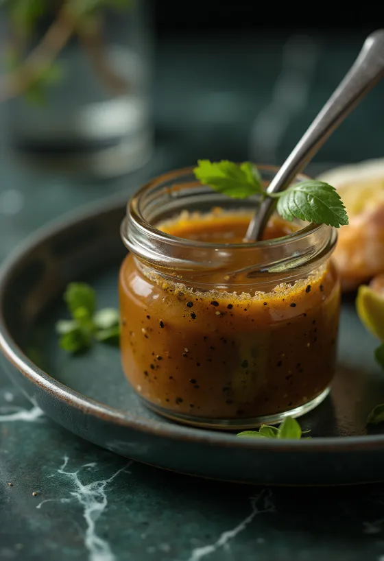 Mosterd-balsamicosaus geserveerd