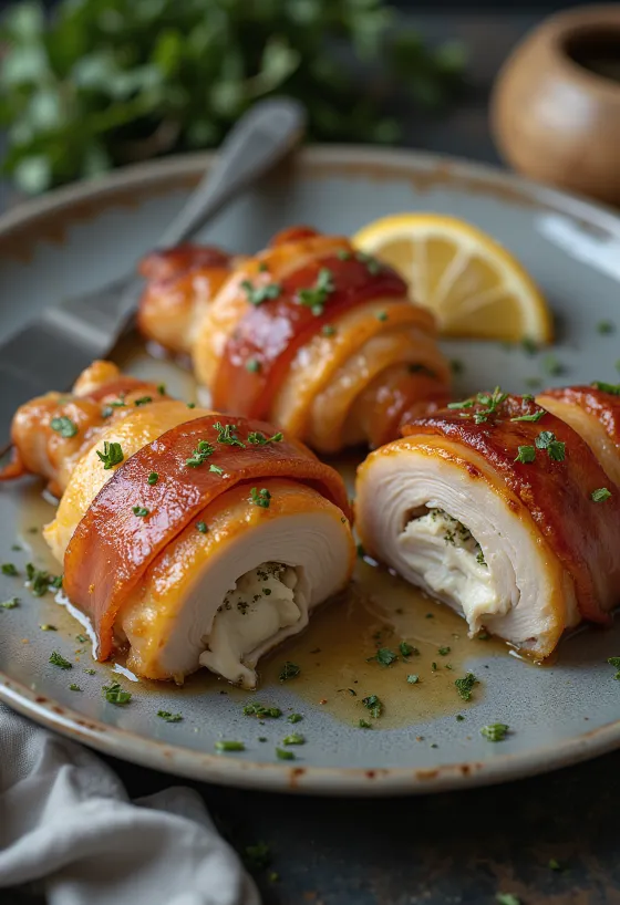 Kipfilet in bacon geserveerd met gestoomde groenten