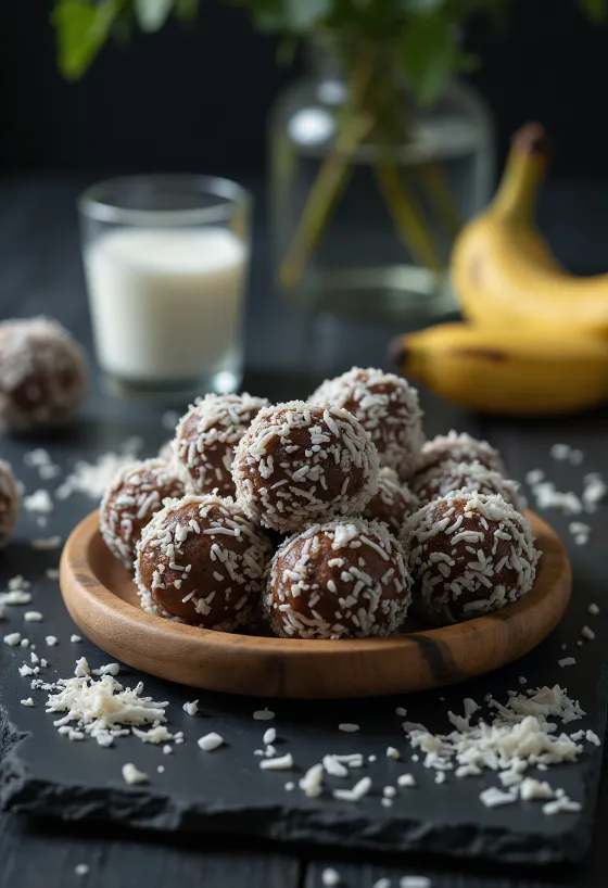 Bananen-kokosballetjes geserveerd in een schaal