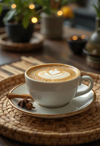 Kaneel-kruidnagel latte koffiedrankje versierd met kaneelstokje en slagroom