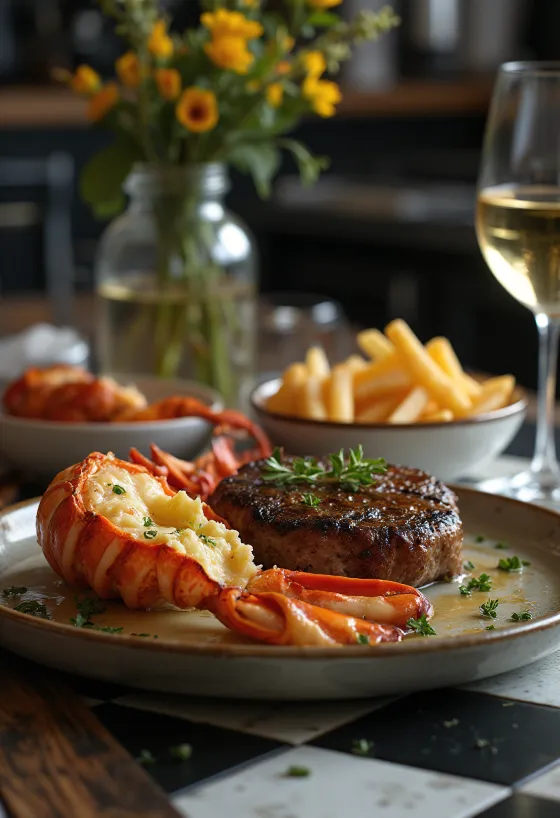 Gegrilde kreeft en biefstuk, luxe surf and turf gerecht
