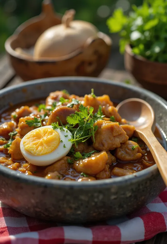 Gudeg kip, geserveerd met kokosmelk en ei, versierd met verse koriander