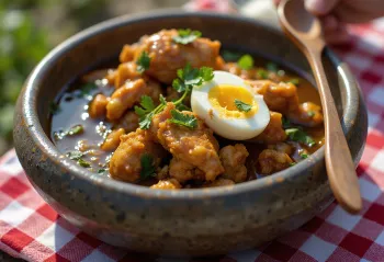 Gudeg kip, geserveerd met kokosmelk en ei, versierd met verse koriander