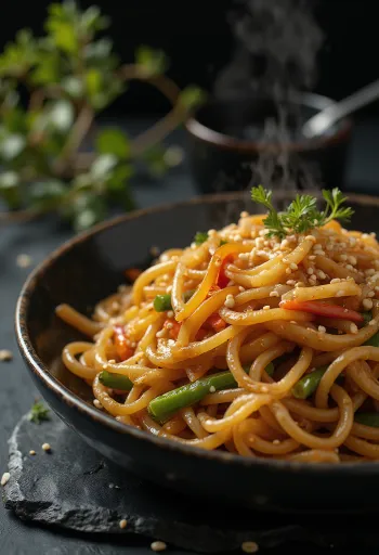 Japchae met sojasaus en honing geserveerd, met zoete aardappelnoedels en groenten