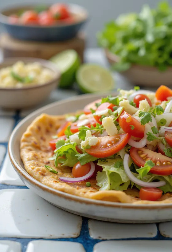 Lahmacun met salade, geserveerd met vers deeg en kruidige vleesvulling