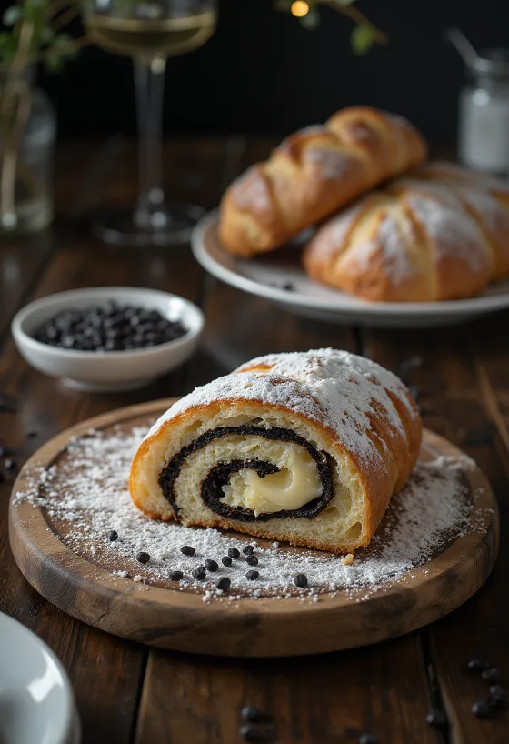 Maanzaad-vanille stollen in plakjes, bestrooid met poedersuiker