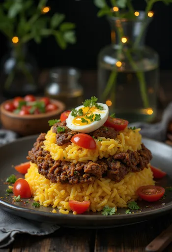 Maqluba met rundvlees, kruidig rijstgerecht