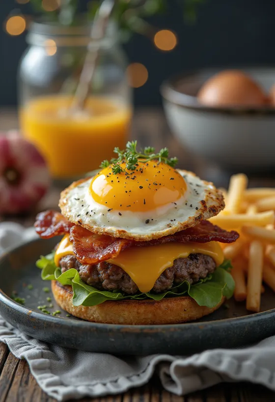 Ontbijthamburger met bacon en ei