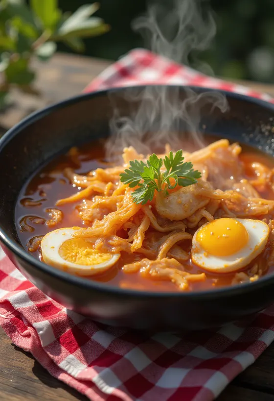 Yukgaejang met gedroogde vis Koreaanse soep geserveerd met gebakken rijst en koriander
