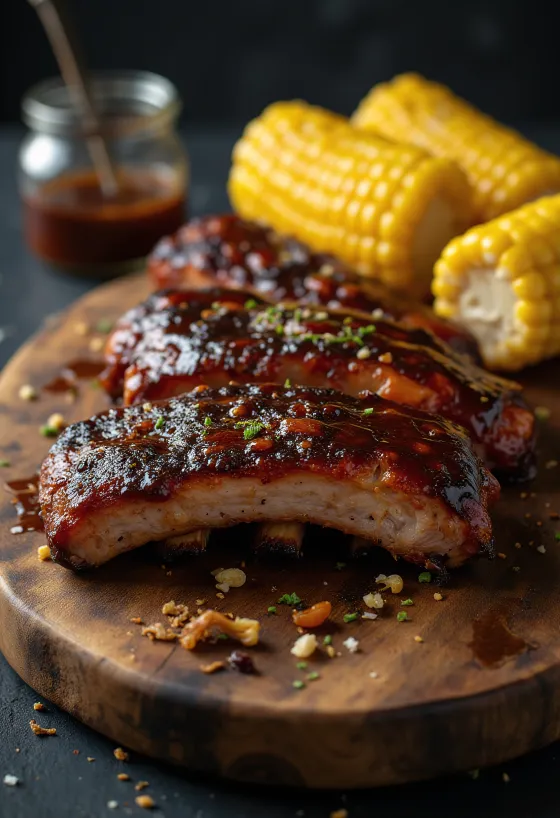 BBQ spareribs geserveerd met maïs