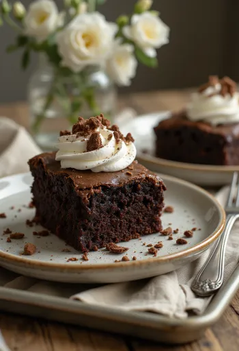Chocolade-brownietaart met slagroom en chocoladeschaafsel
