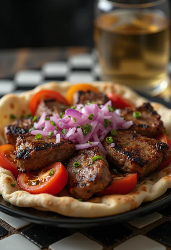 Kuzu Şiş lamsvlees spies met gegrilde groenten en platbrood geserveerd