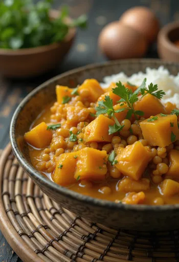 Linzen curry met zoete aardappel geserveerd